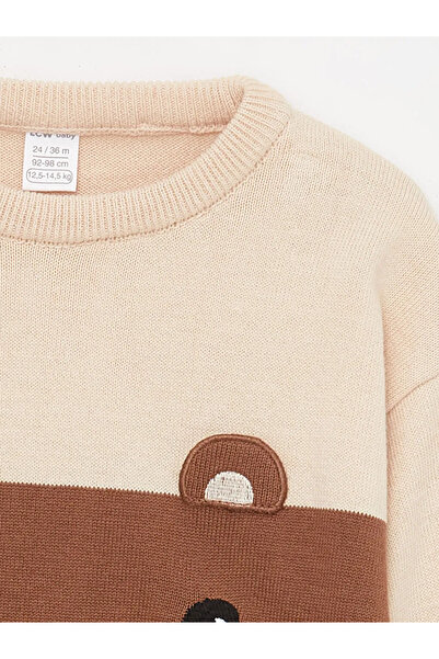 LC Waikiki LCW baby Bej Melanj Bisiklet Yaka Nakışlı Uzun Kollu Erkek Bebek Triko Pantolon ve Kazak Takım 2'li