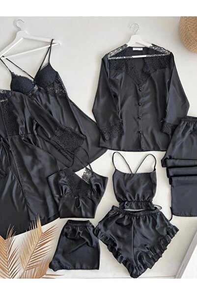 KARLİNAX İpeksi Saten Siyah Dev 8 Parça Gecelik Sabahlık Pijama Çeyiz Seti