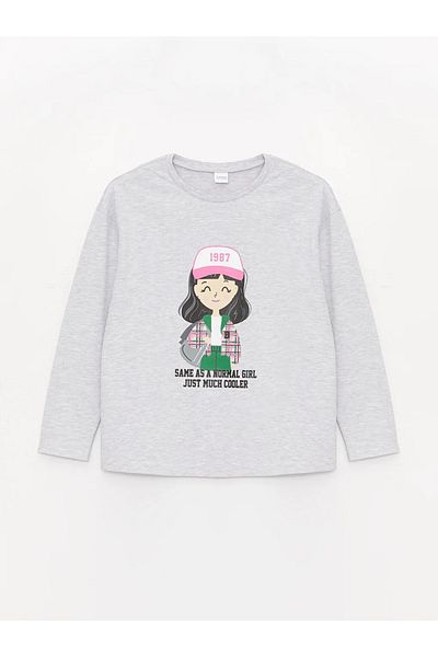 LC Waikiki Σετ παιδικές πιτζάμες LCW Kids Grey Melange Crew με στάμπα με μακρυμάνικο κορίτσι