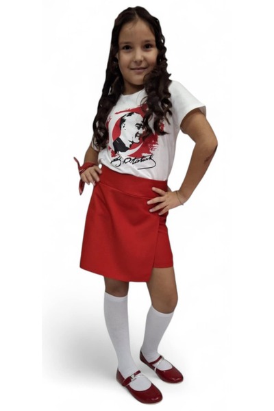 HEPSİMİNNAK Girl's Red Elastic Waist School Shorts Skirt 23 April 29 October 19 May Eid