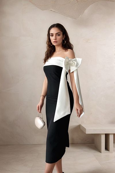 cheliva Brıanna Black-White Double Color Midi Dress