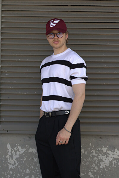 HYMAN Erkek Oversize Bisiklet Yaka Çizgili Triko T-Shirt