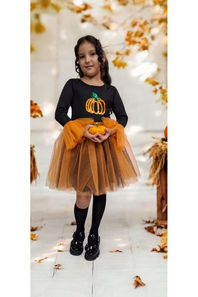 HEPSİMİNNAK Girl's Halloween Pumpkin Detailed Dress Halloween Fuuny Spooky Pumpkin Tutu Gown