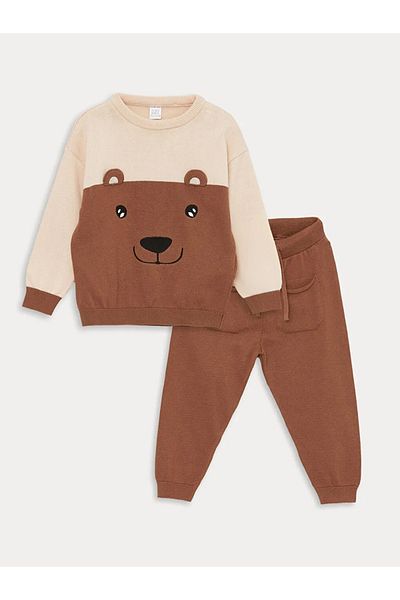 LC Waikiki Lcw Baby Baby Boy Knitwear Set - Beige Melange, Embroidered Long Sleeve, Crew Neck - Set of 2