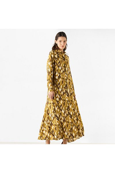 Iconic All-Over Print A-line Shirt Dress with Long Sleeves