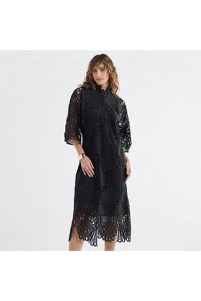 FAV Lace Detail A-Line Dress with High Neck and Short Sleeves