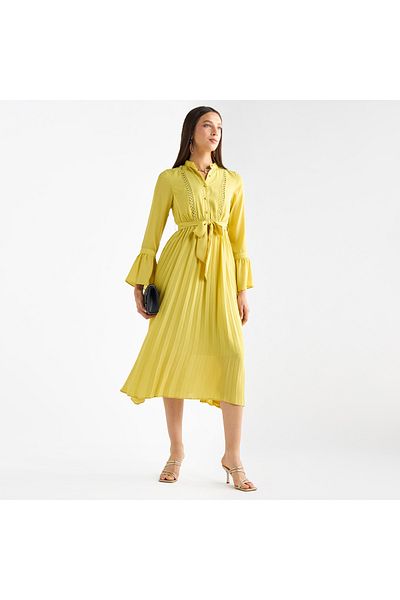 FAV Pleated Mandarin Collar Dress with Bell Sleeves and Tie-Up Belt