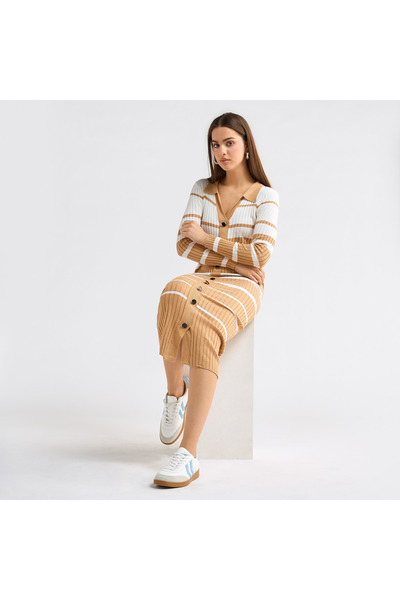 FAV Striped Collared Shirt Dress with Long Sleeves