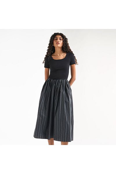 FAV Striped A-line Dress with Short Sleeves and Pocket