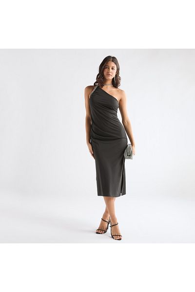 FAV Embellished One Shoulder Midi Dress with Slit Detail