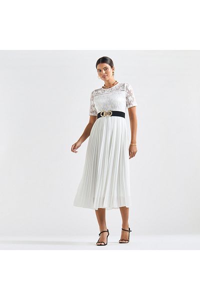 FAV Pleated A-line Midi Dress with Round Neck and Lace Detail