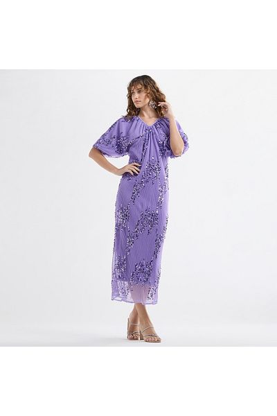 FAV Sequinned Midi Dress with Short Puff Sleeves and V-neck