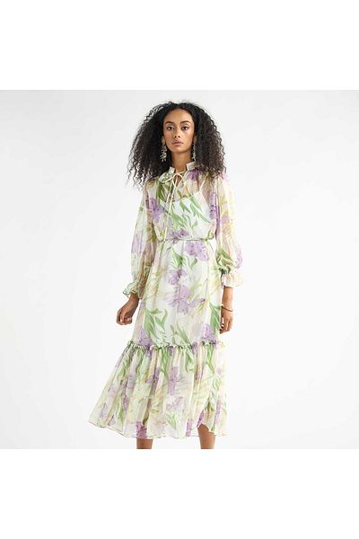 FAV All-Over Floral Print Mandarin Collar Dress with Volume Sleeves and Flounce Hem