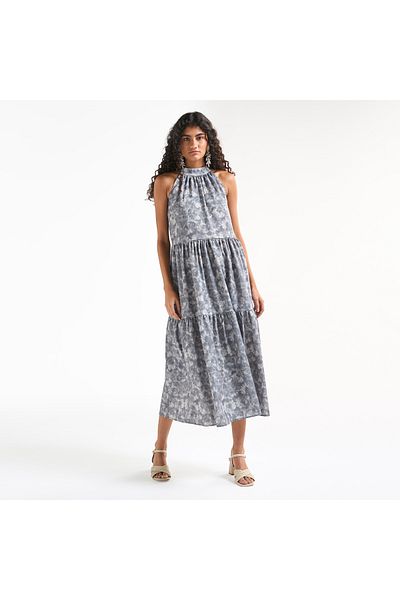 FAV All-Over Print Halter Neck Tiered Dress with Tie-Ups