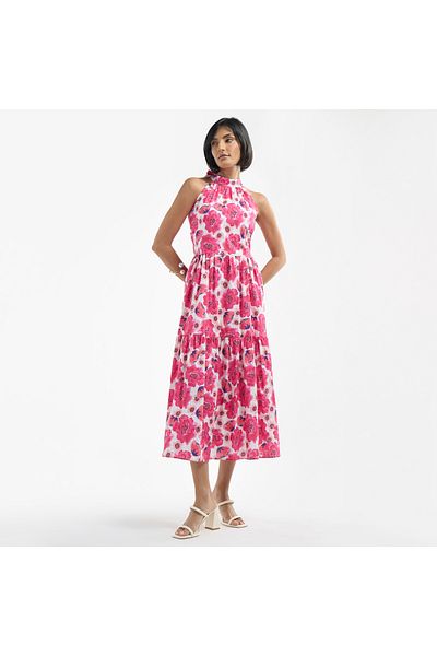 FAV All-Over Floral Print Halter Neck Tiered Dress with Tie-Ups