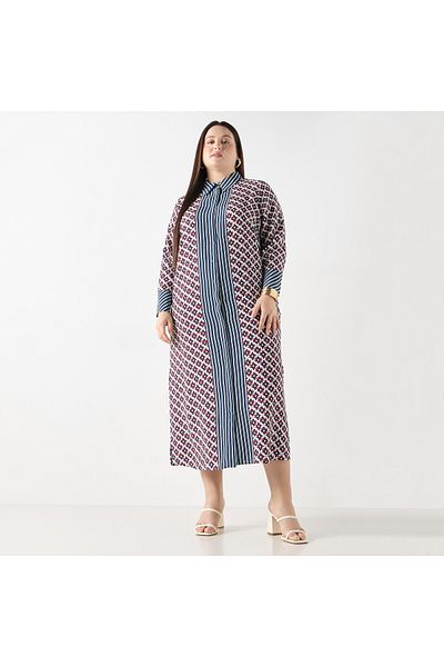 Ulla Popken Plus Size Ulla Popken Geometric Print Shirt Dress with Long Sleeves