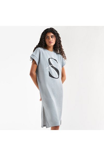 FAV Printed T-shirt Dress with Extended Short Sleeves and Slit Detail