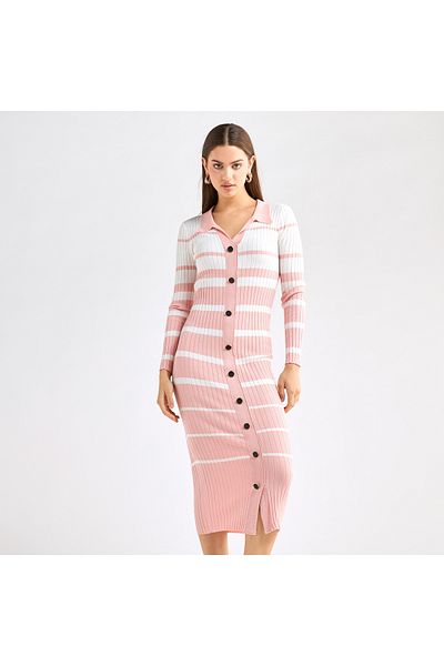 FAV Striped Collared Shirt Dress with Long Sleeves