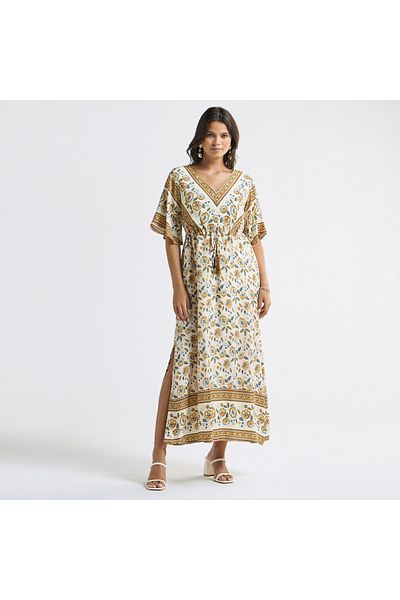 FAV All-Over Floral Print V-neck Dress with Tie-Ups and Short Sleeves