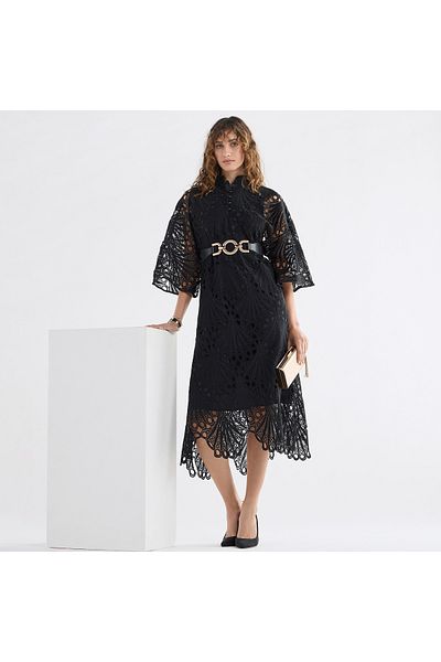 FAV Lace Detail A-Line Dress with High Neck and Short Sleeves