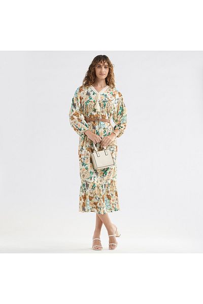 FAV Floral Print A-line Midi Dress with V-neck and Lace Detail