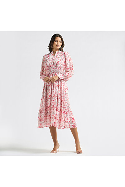 Kappa All-Over Floral Print A-line Dress with Seersucker Detail and Mandarin Collar