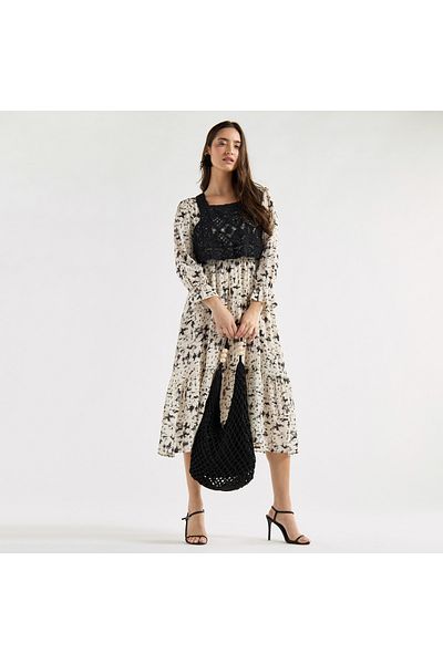 FAV Panelled A-line Dress with Square Neck and Bell Sleeves