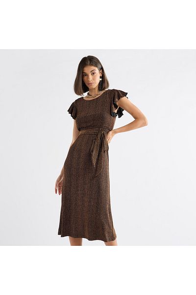 FAV Textured Midi Dress with Flutter Sleeves and Tie-Up Belt
