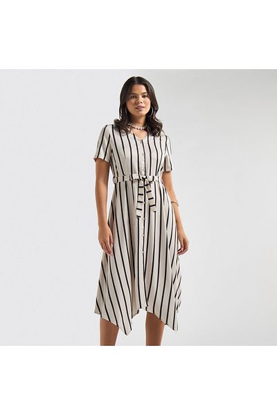 FAV Striped Asymmetric Hem Collared Midi Dress with Belt and Short Sleeves