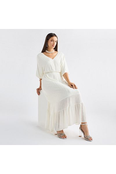 FAV Textured V-neck Dress with Extended Sleeves and Flounce Hem