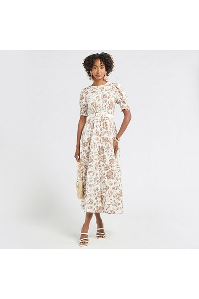 FAV Floral Print Midi Dress with Smocked and Lace Detail