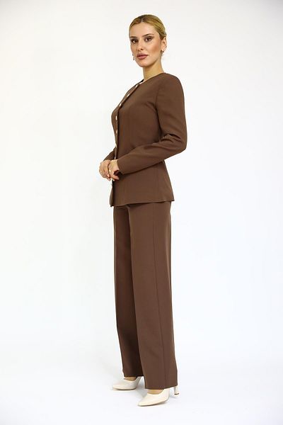 ÖNDER ÖZSOY Chestnut Colored Neck Buttoned Belted Jacket and Wide Leg Trousers Set