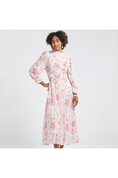 FAV Floral Print A-line Dress With Long Sleeves And Belt