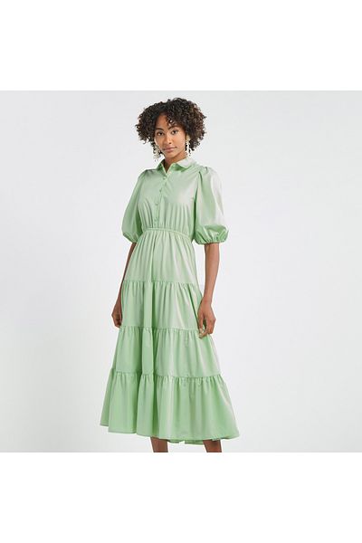 FAV Plain Tiered Shirt Dress with Puff Sleeves