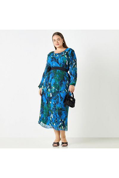 Ulla Popken Plus Size Ulla Popken All-Over Print Dress with Long Sleeves