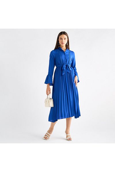 FAV Pleated Mandarin Collar Dress with Bell Sleeves and Tie-Up Belt