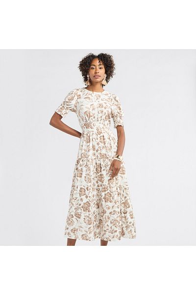 FAV Floral Print Midi Dress with Smocked and Lace Detail