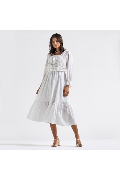 FAV Panelled A-line Dress with Square Neck and Bell Sleeves