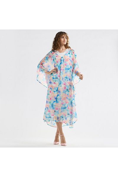 FAV Floral Midi Kaftan Dress with Long Sleeves and Lace Detail