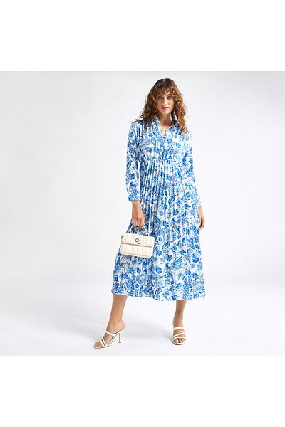 FAV All-Over Floral Print Shirt Dress with Long Sleeves and Pleat Detail