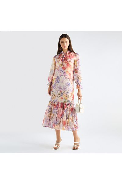 FAV All-Over Floral Print Mandarin Collar Dress with Volume Sleeves and Flounce Hem