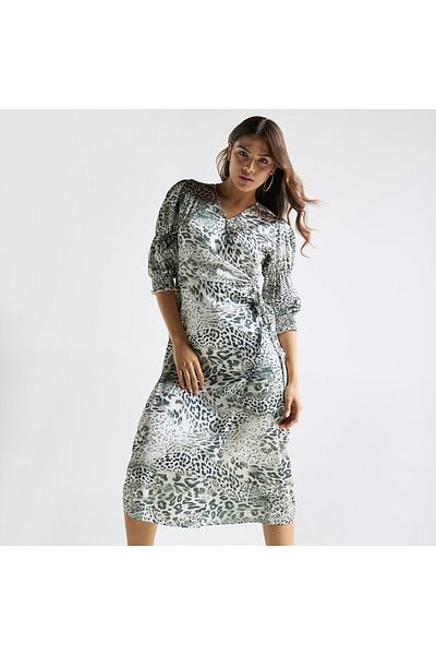 FAV All-Over Animal Print Wrap Dress with V-neck and Shirred Detail