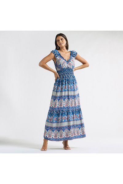 FAV All-Over Print V-neck Tiered Dress with Cap Sleeves