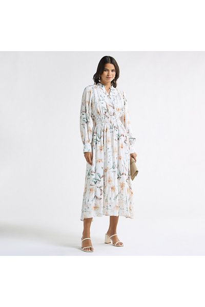 FAV All-Over Floral Print A-line Dress with Seersucker Detail and Mandarin Collar