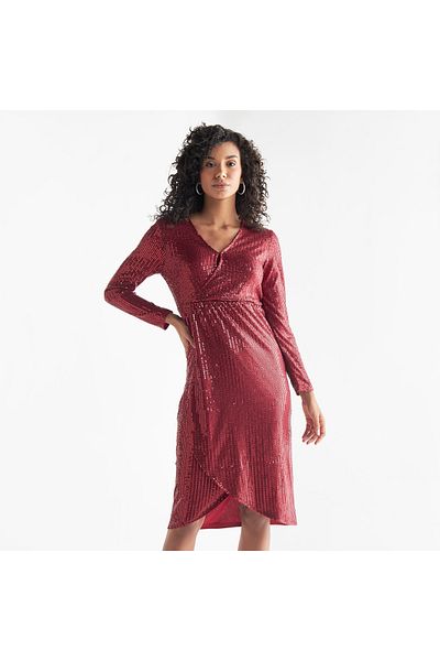 FAV All-Over Embellished V-neck Dress with Long Sleeves