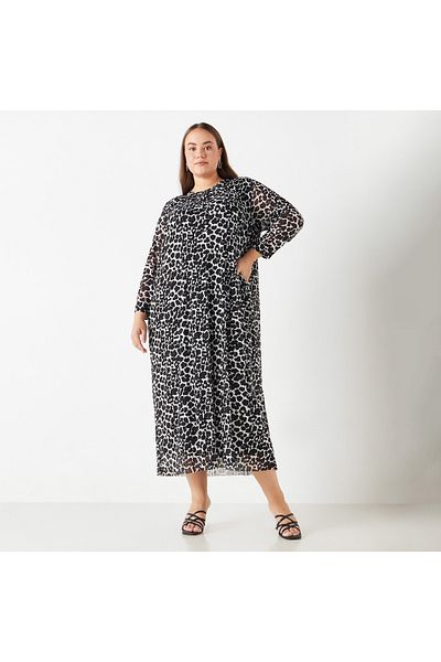 Ulla Popken Plus Size Ulla Popken All-Over Animal Print Midi Dress with Long Sleeves
