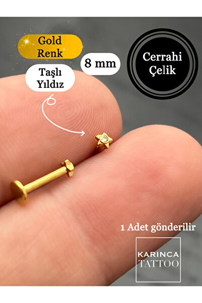 Karınca Piercing Küçük Yıldız Taşlı Piercing Gold Piercing Altın Rengi Cerrah...