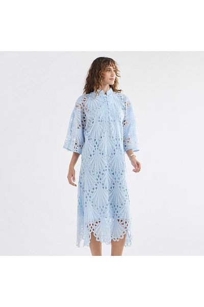 FAV Lace Detail A-Line Dress with High Neck and Short Sleeves