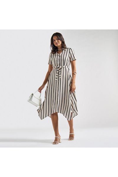 FAV Striped Asymmetric Hem Collared Midi Dress with Belt and Short Sleeves