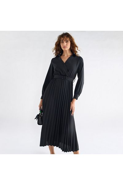 FAV Pleated Shirt Dress with Belt and Long Sleeves